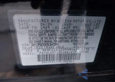 2024 Nissan Kicks Sv Xtronic Cvt from USA, damaged, VIN 3N1CP5CVXRL547261